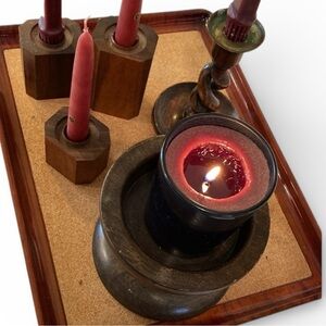 Set/5 Dark Candle Holders 3 Dark Walnut Stacking, 2 Hand Turned Candles decor